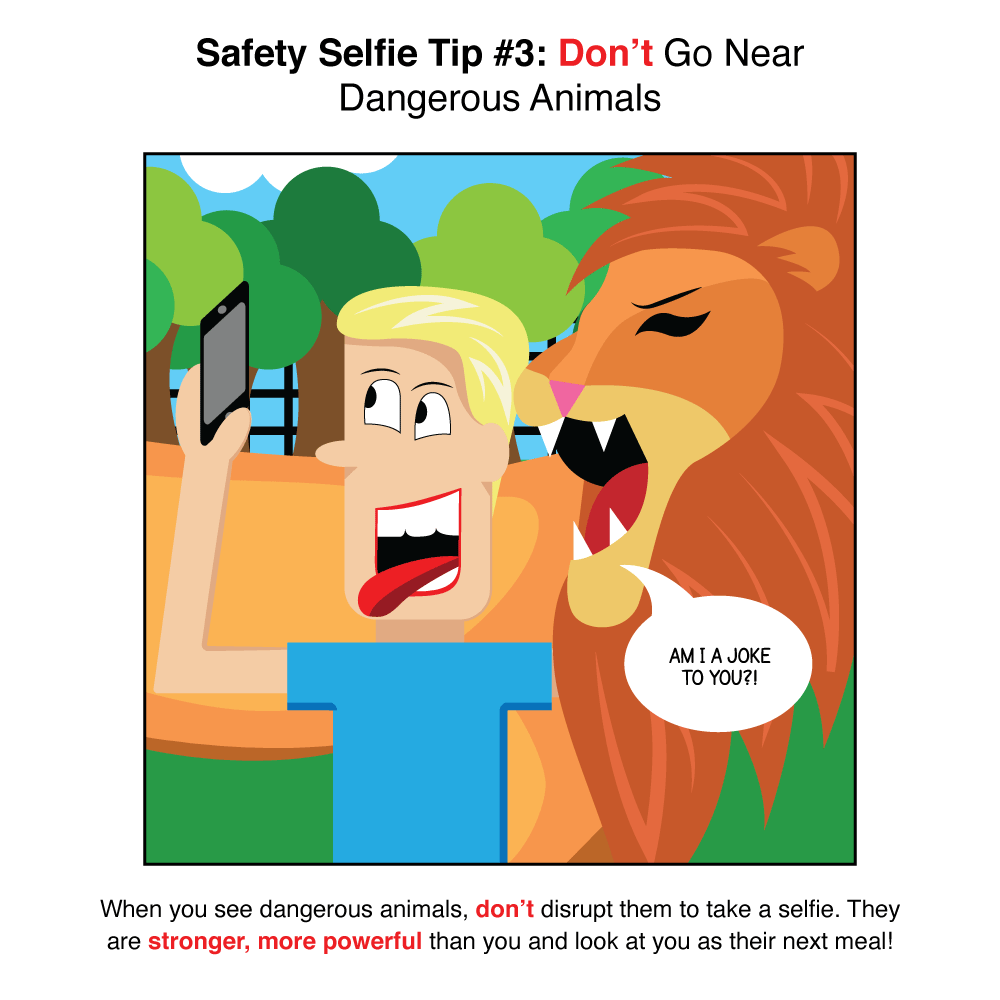 Don't go near dangeroud animals. When you see dangerous animals, don't disrupt them to take a selfie. They are stronger, more powerful than you and look at you as their next meal.